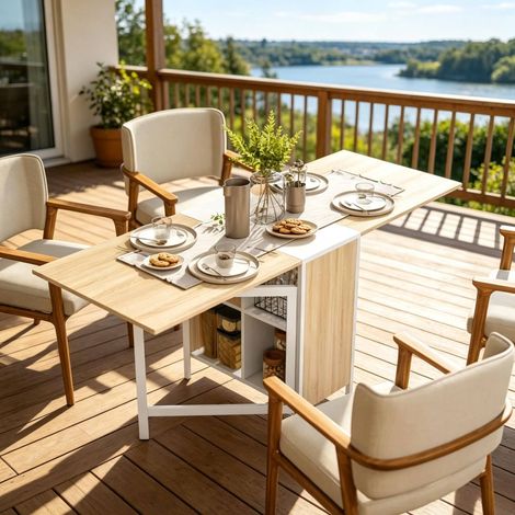 Mesa extensible plegable de comedor OKWISH, MDF y acero, blanco y roble claro, 169 x 60 x 75 cm (1/5)