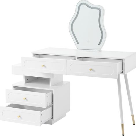 Coiffeuse avec Miroir LED Tactile Blanche 140 cm, Meuble Coiffeuse 4 Tiroirs et Rangement Modulable pour Chambre (1/5)
