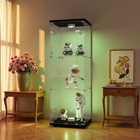 Mobile Vetrina - Nero - Vetro Temperato 5mm - Illuminaione LED Dimmabile - 3 Livelli Regolabili