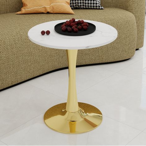 Mesa auxiliar redonda 70x70x54 cm dorado blanco en mármol artificial con diseño moderno y patas altas (1/5)