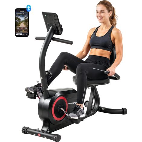 Vélo d'exercice couché pour une utilisation à domicile avec 8 niveaux de résistance réglables, frein magnétique, application, capteur de fréquence cardiaque, écran LCD et sangles pour les pieds. (1/5)