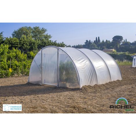 Serre tunnel 4,50x4,50m – Surface 20,25m² – Armature acier galvanisé – Bâche Polyéthylène 180µ – Porte battante pour ventilation – Richel