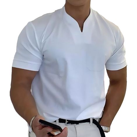 T-Shirt Homme En Coton Col V Manches Courtes Respirant Avec Poche Pour Sport Et Loisirs Taille 4XL (1/4)