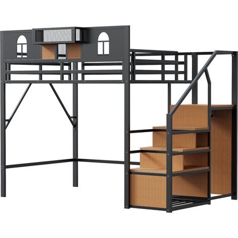 Lit mezzanine en métal 140 x 200 cm noir avec escalier de rangement, étagère et hublots (1/5)