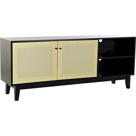 Meuble TV élégance rotin et épicéa pour salon moderne - Noir ébène et rotin naturalisé (1/5)