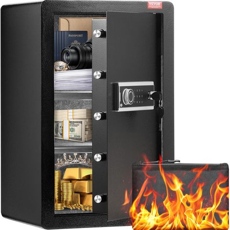 VEVOR Coffre-fort a Porte Simple 99 L, 2 Facons de Deverrouillage, Cle et Mot de Passe, avec Sac Ignifuge, Porte-Cles, Lumiere LED et 2 Etageres, pour Argent, Documents, Bijoux, Objets de Valeur