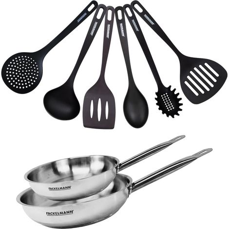 Set de 2 poêles 24 et 28 cm en inox et 6 ustensiles Fackelmann Eterna (1/5)