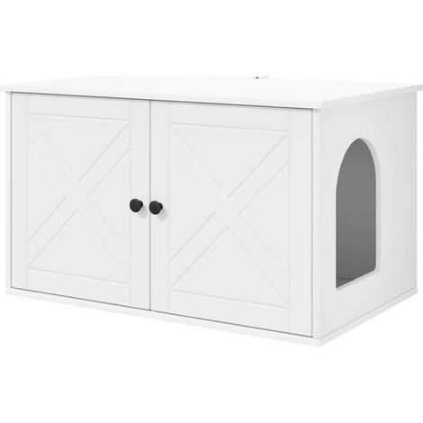 Maison pour chat blanche, dimensions : 85 x 55 x 50,5 cm, en bois composite.