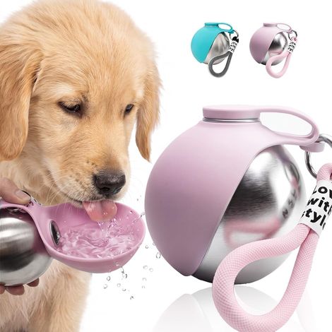 Gourde pour chien - 285 ml - En acier inoxydable - Avec gamelle pliable en silicone - Portable - Anti-fuite - Pour chats, chiens, promenades, randonnées et voyages (rose) (1/5)