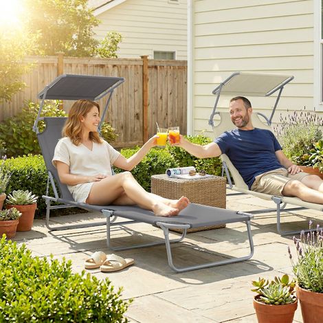 Tumbona de jardín Plegable con Toldo y Respaldo Reclinable para Jardín Terraza Acampada 187x58x36cm Gris