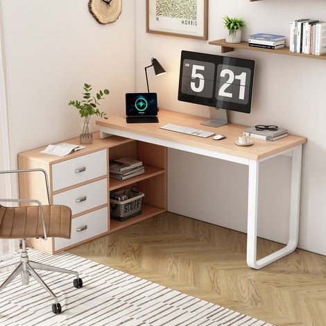 Bureau simple avec rangements, bureau moderne 3 tiroirs et 2 casiers ouverts, pieds en tube acier massif, structure stable grande capacité de charge, couleur naturelle (1/5)