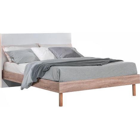 Lit 160x200cm tête de lit blanche et cadre aspect bois - YAKIM