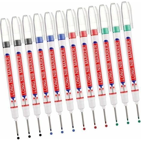Marqueurs de Précision à Encre Indélébile, Lot de 12 Stylos de Menuisier, Pointe Allongée 20 mm pour Trous Profonds, Couleurs Assorties (Noir, Bleu, Rouge, Vert) (1/3)