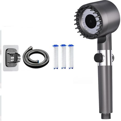 Pommeau de Douche Haute Pression Anti-Calcaire - 4 Types de Jets - Tuyau 1,5m - Support - Bouton Arrêt - Gris (1/5)