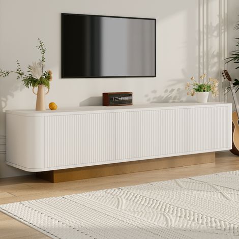 Moderner weißer TV-Ständer mit 4 Ablagefächern, elegantes Design, strukturierte Vorderseite, MDF-Medienkonsole