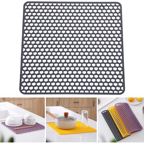 Tapis d'égouttage multifonctionnel en silicone, résistant à la chaleur et facile à nettoyer, adapté aux plans de travail, éviers ou tiroirs de cuisine, 34,5 cm (13,6 pouces), noir. (1/5)