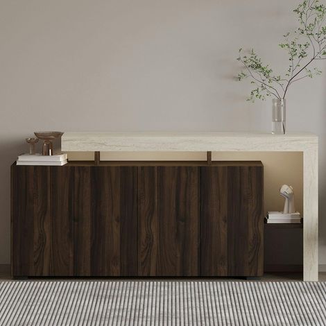 Buffet 4 portes décor noyer et travertin cadre ouvert AURA