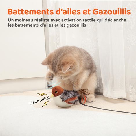 Giocattolo per gatti: uccello volante interattivo con movimento realistico, piume e cinguettii - ricaricabile tramite USB con erba gatta, giocattolo da interno per gattini e adulti (10 cm) (1/4)