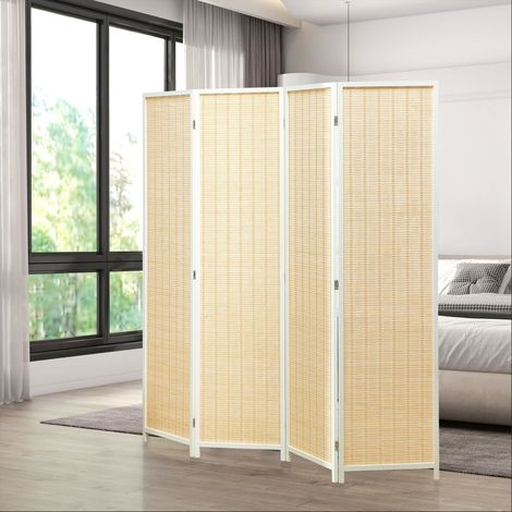Biombo de 4 Paneles Plegable 180x180 cm Separador de Ambientes Tejido a Mano de Bambú Decoración para Salón Blanco (1/5)