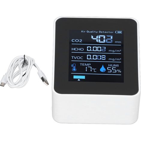 Moniteur de Qualité d'Air 5 en 1 Bluetooth, Détecteur CO2, Mesure TVOC, Température, Humidité, HCHO, Recharge USB (1/5)