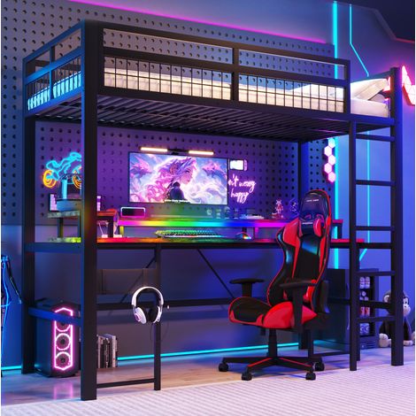 Cama dormitorio con escritorio LED puertos 90x200 negra OKMYHOME (1/5)