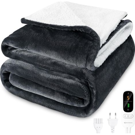 Couverture Chauffante 180x160cm, 2 Places, Arrêt Automatique, Minuterie 9H, 6 Températures, Protection Contre la Surchauffe, Lavable Machine, Plaid Chauffant pour Canapé, Lit, Gris Foncé (1/5)