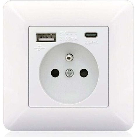Panneau de prises françaises Type-c+USB16A Type 86, nombre de prises : 2 trous, nombre de ports USB : 1, nombre de ports type-c : 1, (arc blanc)
