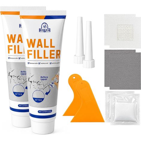 Pâte de Réparation Murale Blanc Intérieur, Enduit de Rebouchage Tube pour Trous et Fissures, Mastic Mural Prêt à l’Emploi avec Spatule, Papier de Verre, Gants et Patchs (1/5)