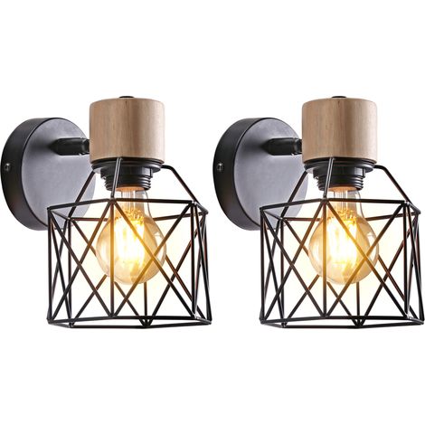 Wall Lamp Industrial 2 Pack Wall Light Vintage Made of Metal E27 Interior Woodern Wall Lamp for Bar Living Room Restaurant Cafe Corridor -Black (1/5)