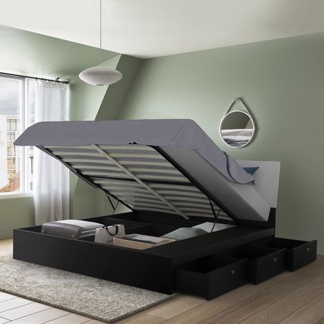 Bett Doppelbett Polsterbett hochklappbar 160x200 cm mit Bettkasten Design Steyr King - Schwarz (1/5)