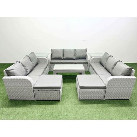 Fimous PE Rattan Lounge Sofa Set 11 Seater Outdoor Garden Furniture Set with Oblong Coffee Table 3 Seater Sofa 2 Big Footstools 2 Side Table Light Grey (1/4)