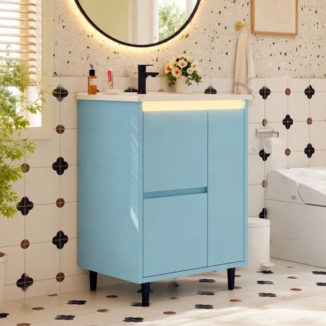 Modernluxe - Meuble de salle de bain avec vasque en céramique - avec 2 tiroirs et 1 porte - Finition laquée - Bleu (1/5)
