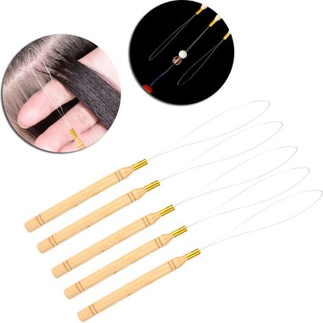 Haarverlängerungshaken aus Holz, Schlaufennadel zum Anbringen von Haarverlängerungen, Haarstyling-Werkzeugset (5-teilig) (1/5)