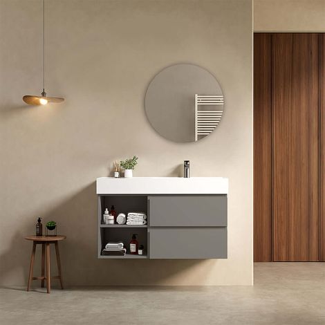 Mobile bagno sospeso 100 cm Grigio Londra Lavabo a Destra in Resina Specchio Tondo - Fiji Paint Plus (1/4)