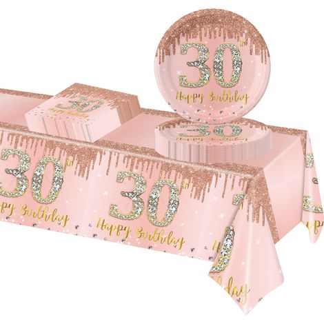 37 Pièces Assiette Vaisselle Jetable Anniversaire Kit, Or Rose Decoration Anniversaire Vaisselle 30 Ans Garçon Fille, Nappe Papier Assiette Serviette pour Decoration Anniversaire 30 Ans Cadeau (1/5)