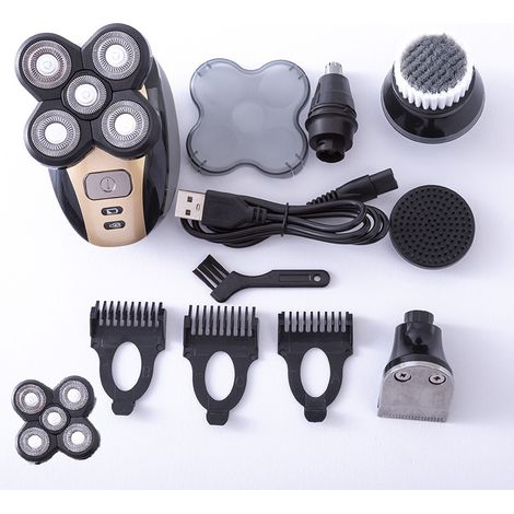 Tondeuse à tête 5 têtes pour homme lavable humide/sec rechargeable, kit rasage crâne chauve (1/5)