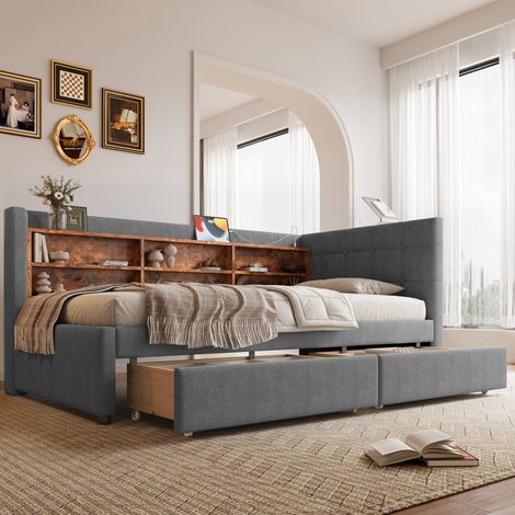 Divano letto in lino grigio 90x200 cm con 2 cassetti, rete a doghe, USB, Type-C e vani portaoggetti (1/5)