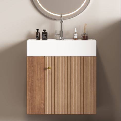 Meuble vasque mural 55x31x66,5 cm en MDF brun, rangement intégré pour petite salle de bain – MEUBLIV (1/5)