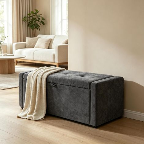 Aufbewahrungsbank (122 x 48 x 44 cm), mit verstecktem Stauraum, gepolstert, Leinen, Dunkelgrau (1/5)