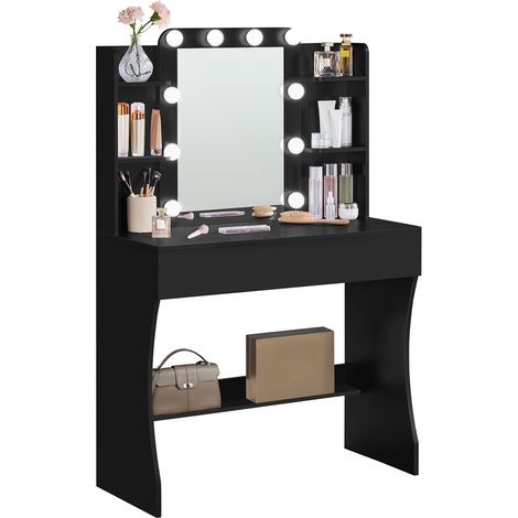 Homevive Tocador con Espejo Luces LED Mesa de Maquillaje con 3 Colores Ajustables 9 Modos de Iluminación Cajón Estante Abierto Negro (1/5)