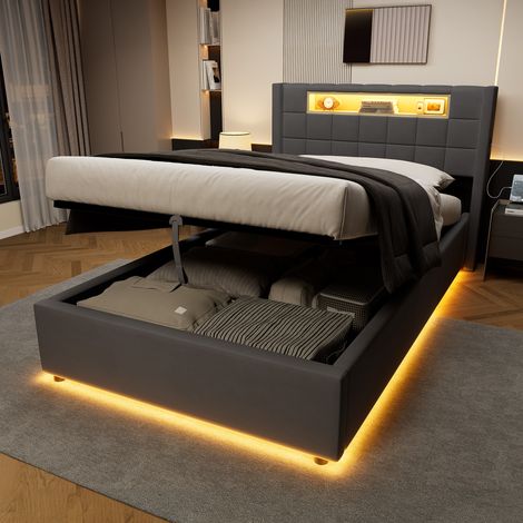 Etagenbett 90/200 cm aus Samt in Dunkelgrau mit LED, Stauraum und Ladestation (1/5)
