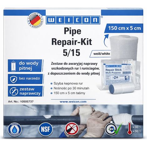 Kit di riparazione tubi Weicon 5/15, kit di riparazione tubi di emergenza 150 cm x 5 cm per acqua potabile, bianco (1/4)