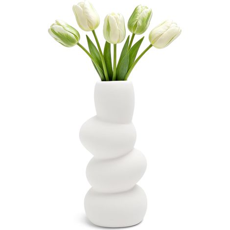Vase en céramique Blanc Moderne – Vase Effet Pierre 20 cm, Vase Design pour Pampas et Fleurs séchées, Vase Fleurs fraîches, Vase décoration Salon, intérieure, Style scandinave Minimaliste (1/5)