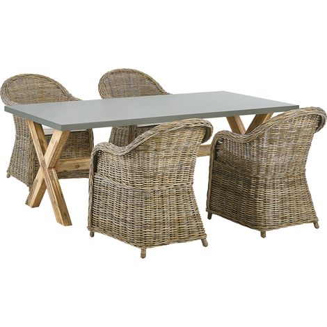 Conjunto de comedor 4 plazas de ratán natural gris madera clara blanco crema hormigón cojines de algodón jardín Susua/Olbia (1/5)