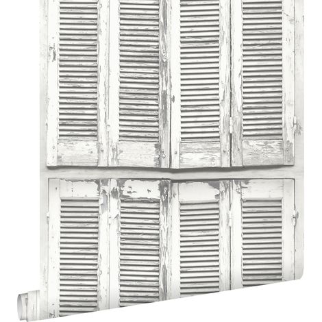 papier peint persiennes altérées en bois rétro vintage gris chaud clair et blanc mat  - ESTAhome