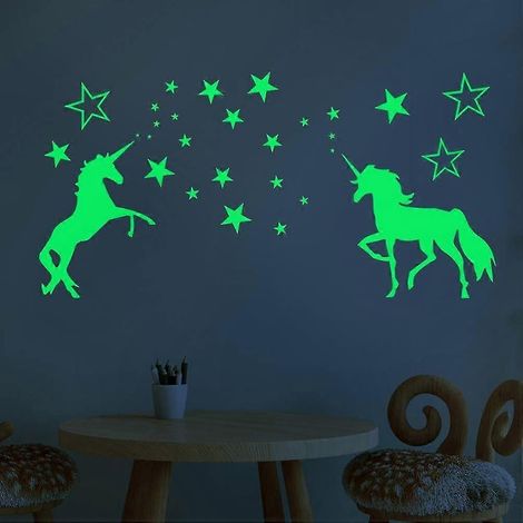 Leuchtende Einhorn-Wanddeko mit Sternenmuster, fluoreszierende Pferdeaufkleber fürs Schlafzimmer, ideal für Geburtstage, hinterleuchtete Wandtattoos (1/5)