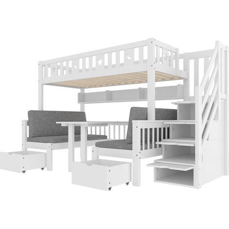 Multifunktions-Hochbett 90 x 200 cm mit 2-in-1-Schreibtisch und Stauraumtreppe, weiß (1/5)