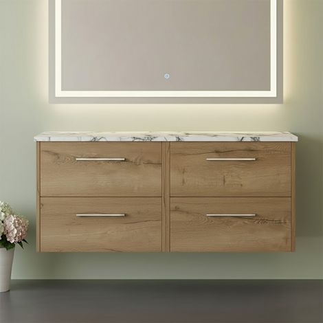 Hudson Reed Juno Wall Hung 4-Drawer Vanity Unit with Carrera Marble Worktop 1200mm Wide - Autumn Oak (1/4)