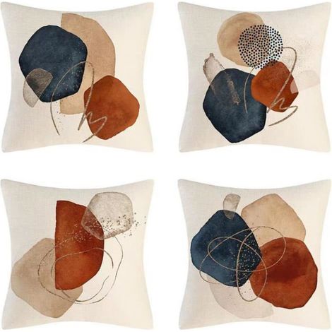 Housse De Coussin - Lin - 45 x 45 Cm - Design Géométrique Abstrait - Pour Canapé Et Décoration Intérieure - Lot De 4 (1/5)
