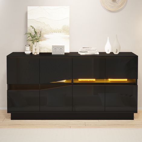 Credenza 140 x 35 x 70 cm ante push-to-open, vetrina acrilica, luci led bluetooth, moderno, legno ingegnerizzato, nero (1/5)